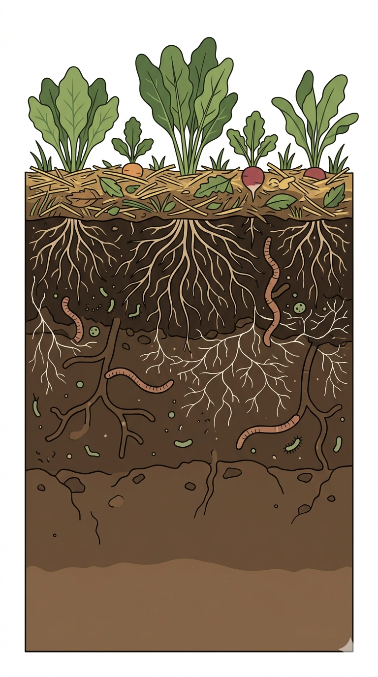 Doorsnede van een gezonde moestuinbodem met wortels, wormen en micro-organismen